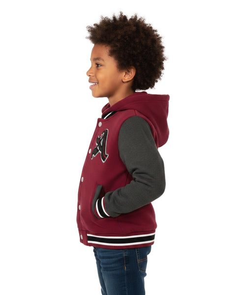 Boys Varsity Hooded Jacket With Patched Letter A - Burgundy (2-4), (S-XL) $9.20-$10.50 Per Piece BJ1988