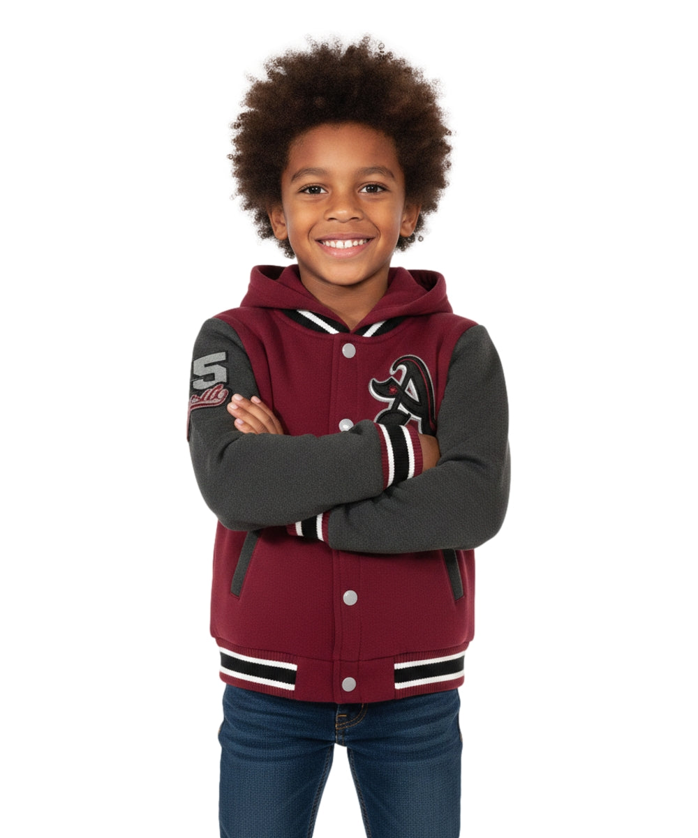 Boys Varsity Hooded Jacket With Patched Letter A - Burgundy (2-4), (S-XL) $9.20-$10.50 Per Piece BJ1988