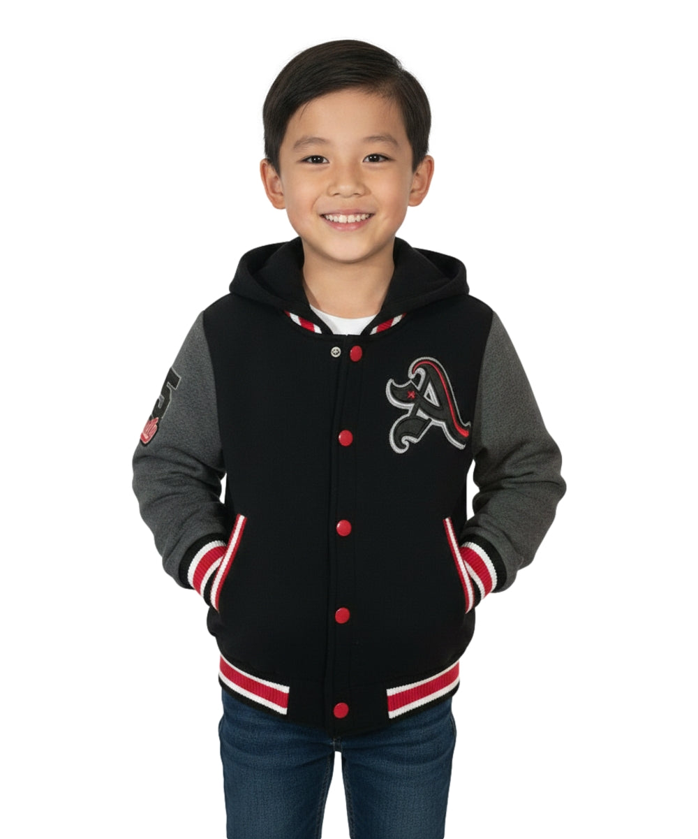 Boys Varsity Hooded Jacket With Patched Letter A - Charcoal (2-4), (S-XL) $9.20-$10.50 Per Piece BJ1988