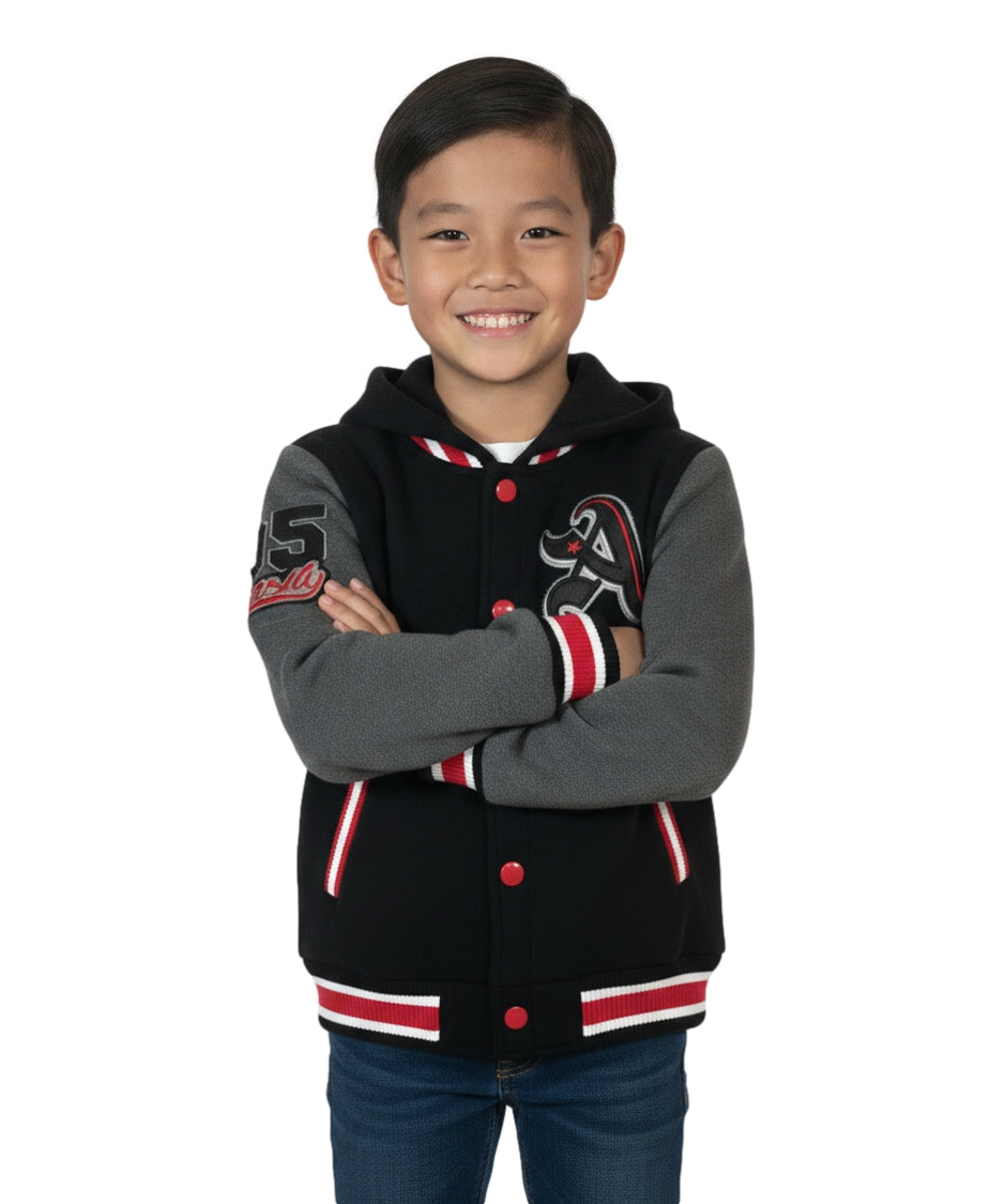 Boys Varsity Hooded Jacket With Patched Letter A - Charcoal (2-4), (S-XL) $9.20-$10.50 Per Piece BJ1988