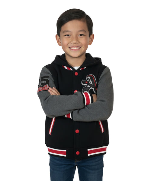 Boys Varsity Hooded Jacket With Patched Letter A - Charcoal (2-4), (S-XL) $9.20-$10.50 Per Piece BJ1988