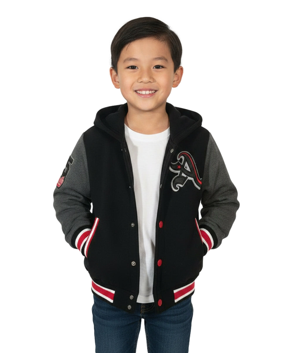 Boys Varsity Hooded Jacket With Patched Letter A - Charcoal (2-4), (S-XL) $9.20-$10.50 Per Piece BJ1988