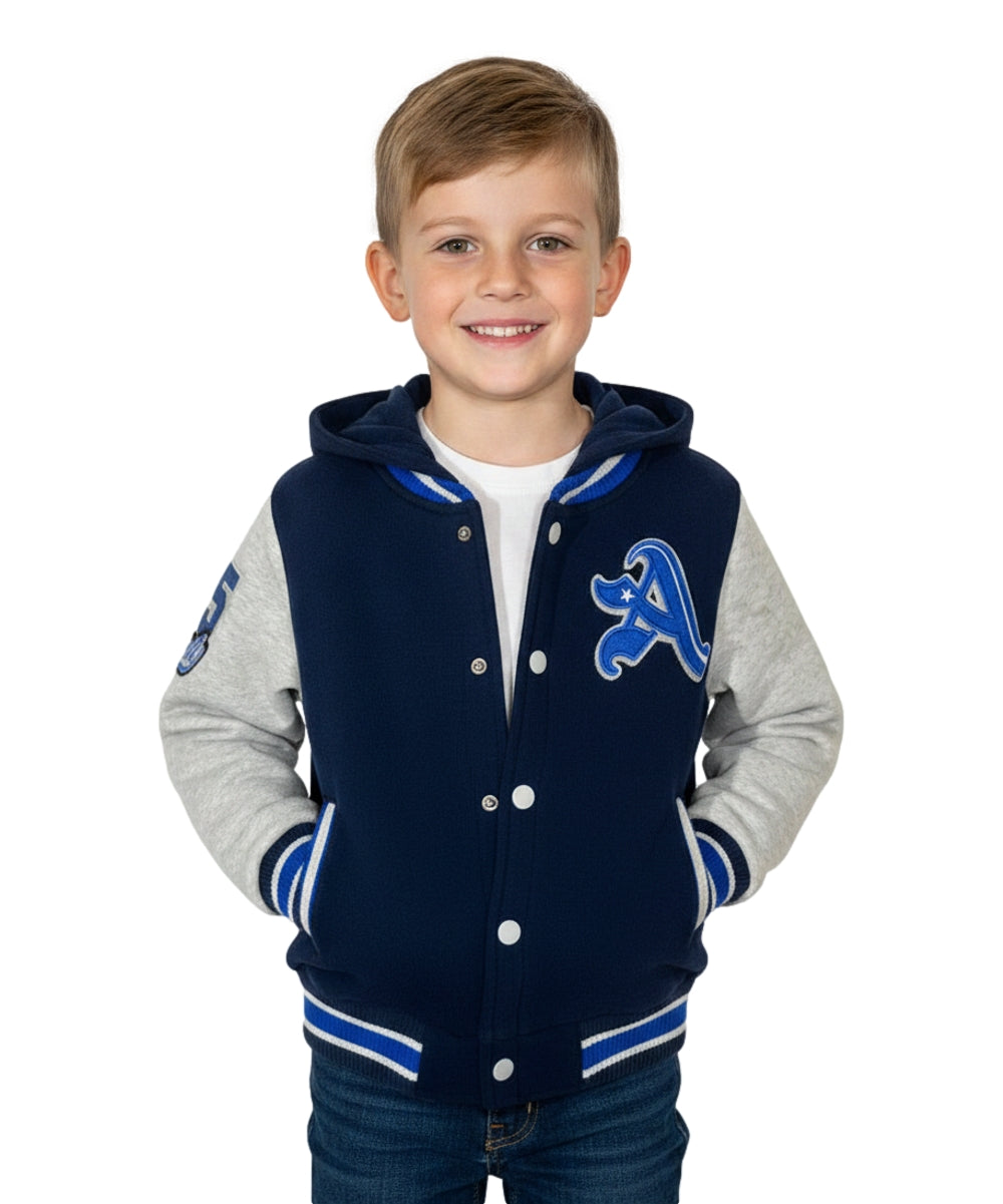 Boys Varsity Hooded Jacket With Patched Letter A - Navy (2-4), (S-XL) $9.20-$10.50 Per Piece BJ1988