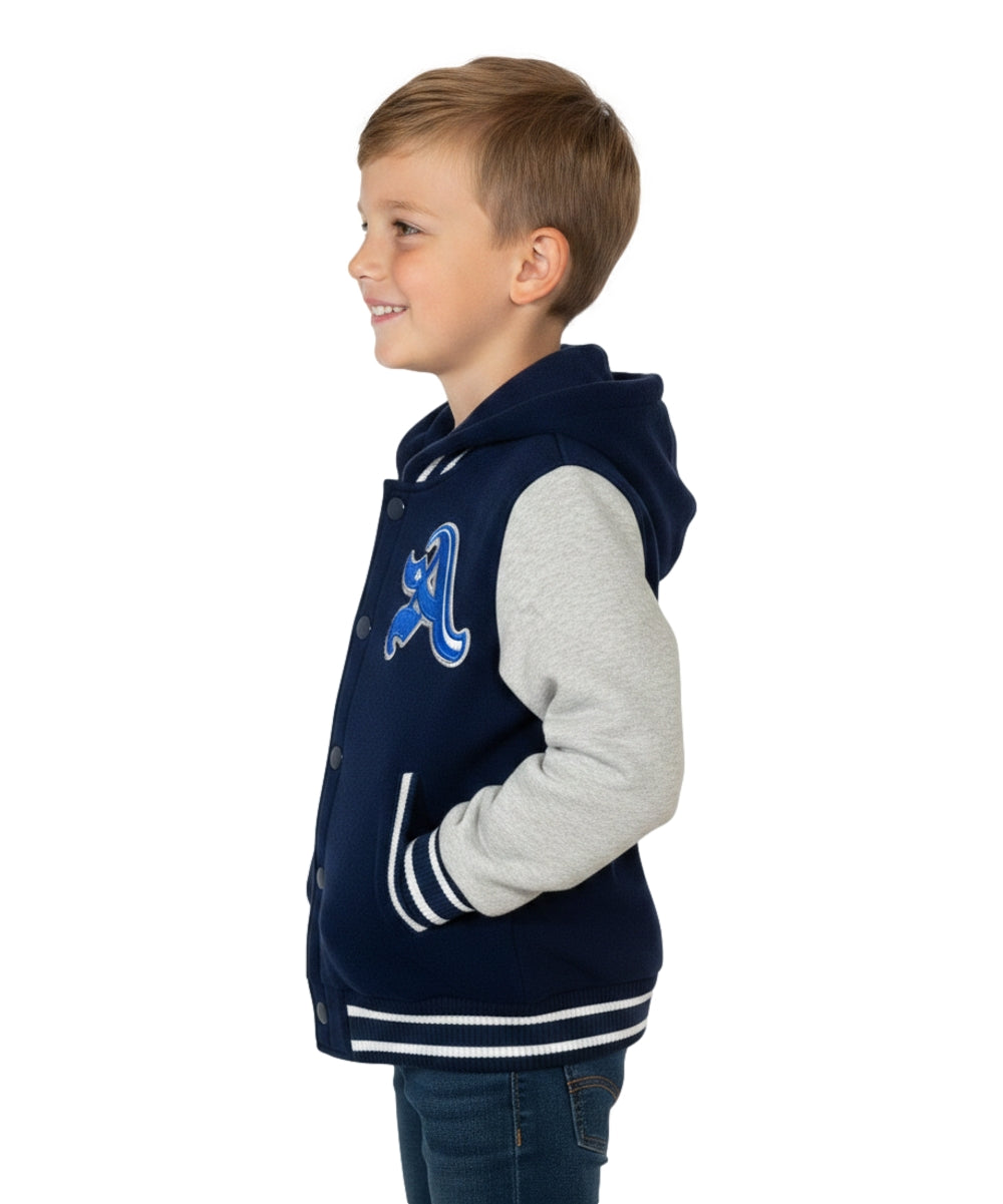Boys Varsity Hooded Jacket With Patched Letter A - Navy (2-4), (S-XL) $9.20-$10.50 Per Piece BJ1988