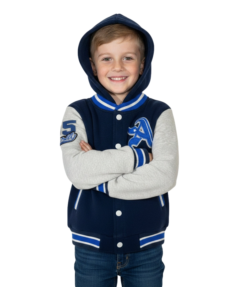Boys Varsity Hooded Jacket With Patched Letter A - Navy (2-4), (S-XL) $9.20-$10.50 Per Piece BJ1988