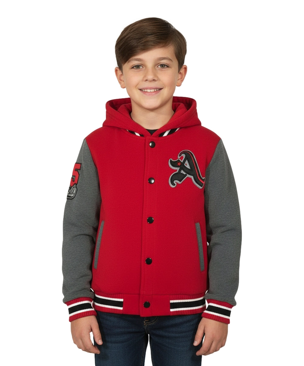 Boys Varsity Hooded Jacket With Patched Letter A - Red (2-4), (S-XL) $9.20-$10.50 Per Piece BJ1988