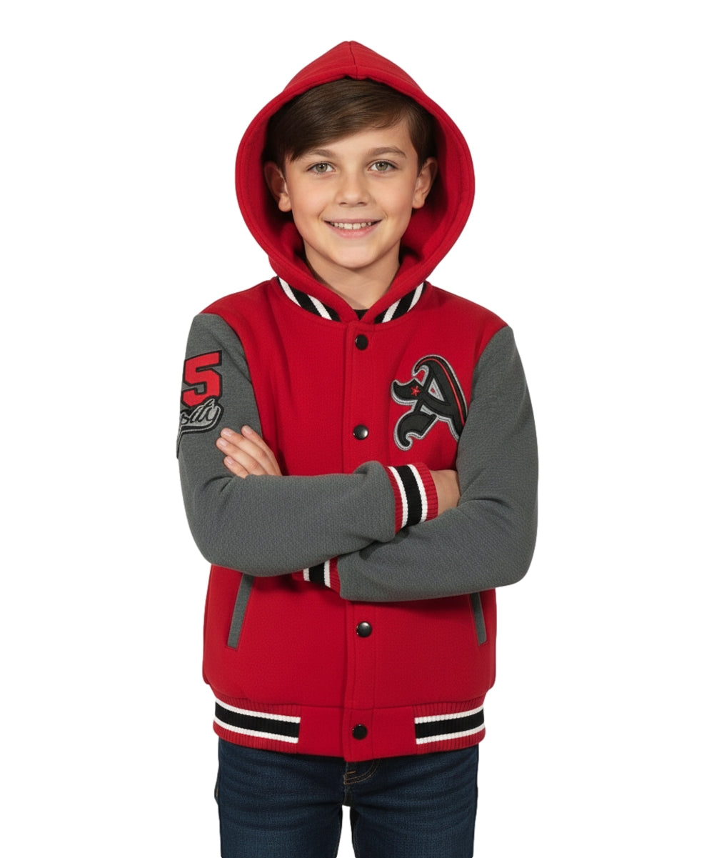 Boys Varsity Hooded Jacket With Patched Letter A - Red (2-4), (S-XL) $9.20-$10.50 Per Piece BJ1988