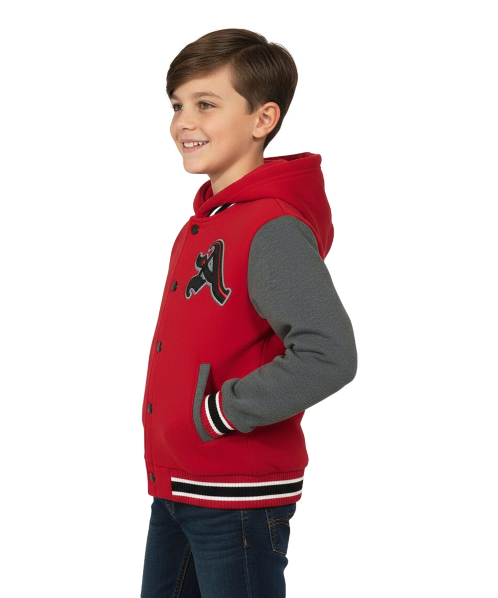 Boys Varsity Hooded Jacket With Patched Letter A - Red (2-4), (S-XL) $9.20-$10.50 Per Piece BJ1988
