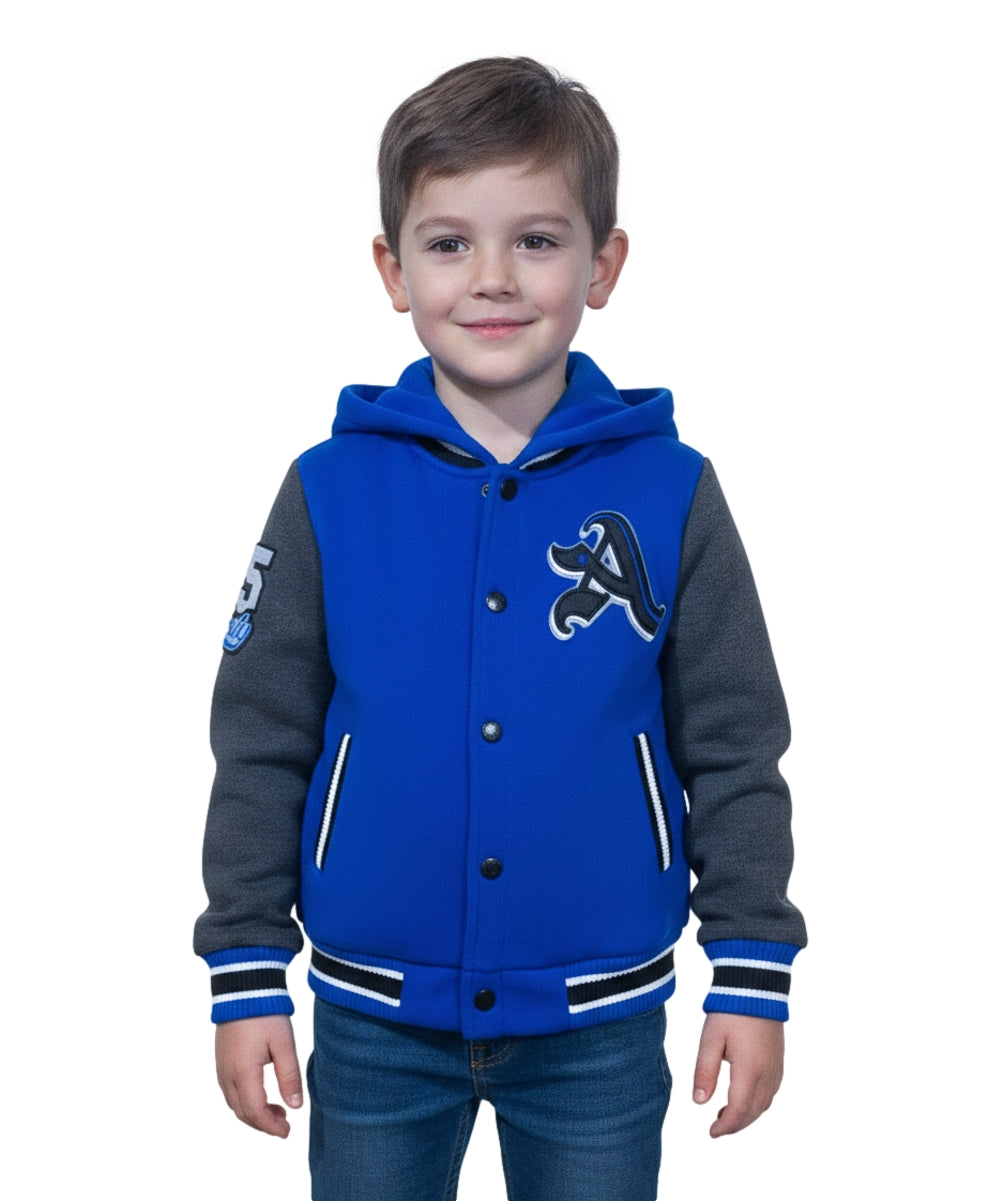 Boys Varsity Hooded Jacket With Patched Letter A - Royal Blue (2-4), (S-XL) $9.20-$10.50 Per Piece BJ1988