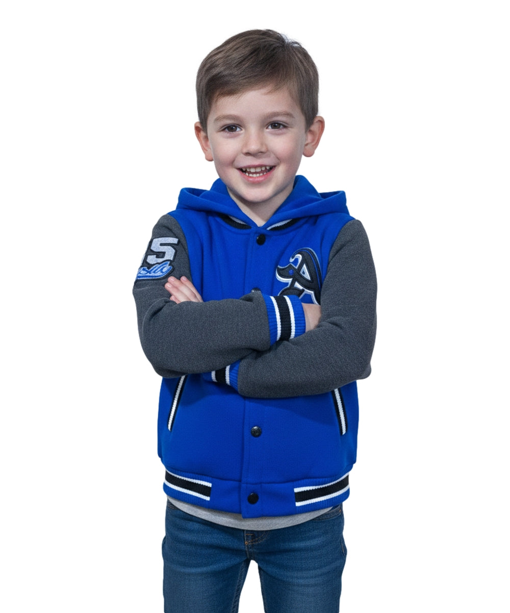Boys Varsity Hooded Jacket With Patched Letter A - Royal Blue (2-4), (S-XL) $9.20-$10.50 Per Piece BJ1988