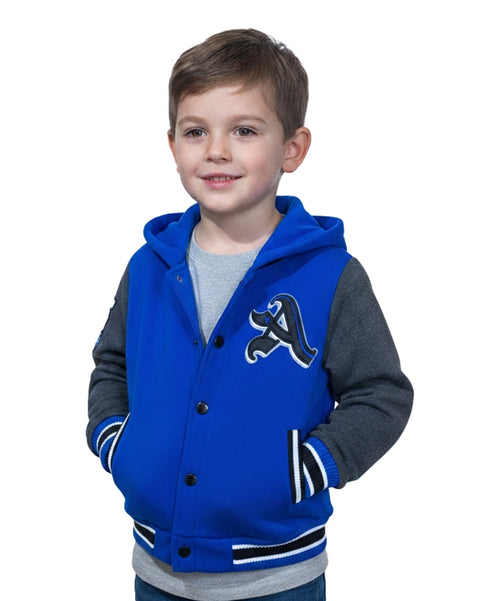 Boys Varsity Hooded Jacket With Patched Letter A - Royal Blue (2-4), (S-XL) $9.20-$10.50 Per Piece BJ1988