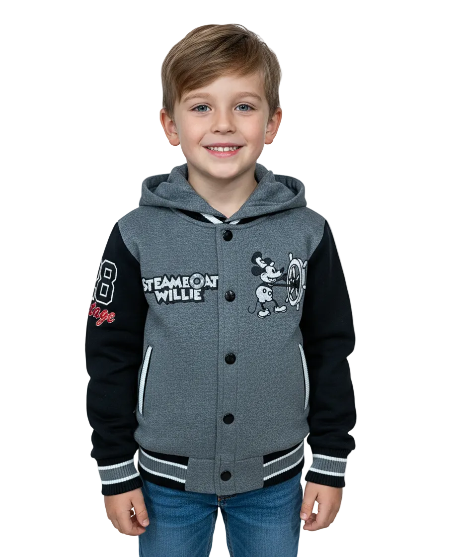 Boys Steamboat Embroidered Varsity Hooded Jacket  - D. Grey (2-4), (S-XL) $9.50-$10.50 Per Piece BJ2458