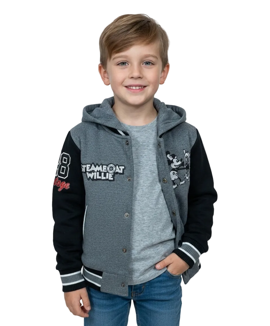 Boys Steamboat Embroidered Varsity Hooded Jacket  - D. Grey (2-4), (S-XL) $9.50-$10.50 Per Piece BJ2458