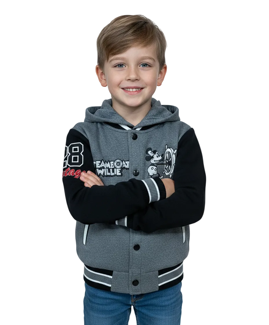 Boys Steamboat Embroidered Varsity Hooded Jacket  - D. Grey (2-4), (S-XL) $9.50-$10.50 Per Piece BJ2458