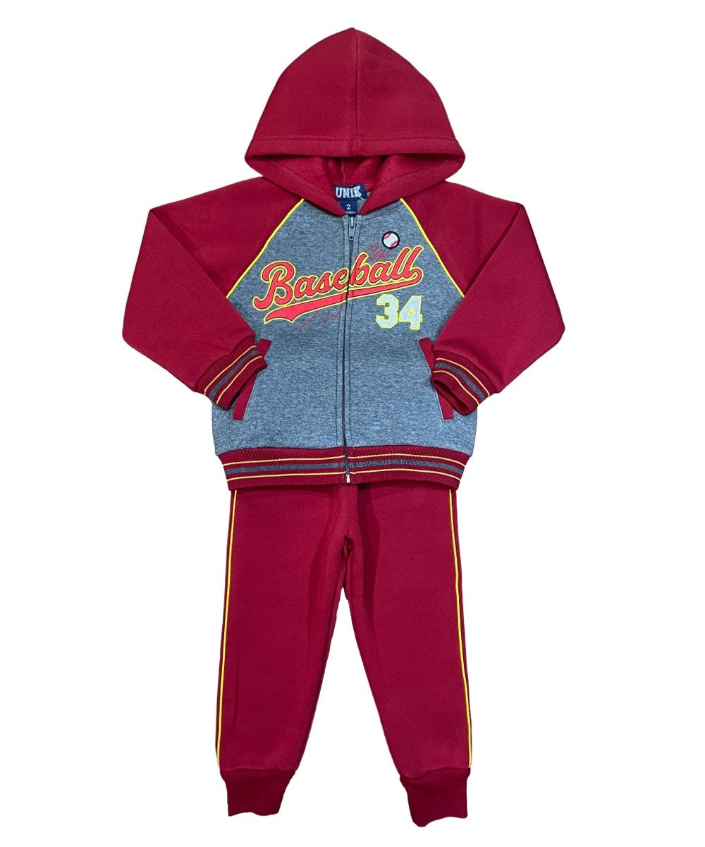 Boy Baseball Fleece Tracksuit - D. Red  (2-4) (5-8) (10-14) $10.00 Per Set. BW2345