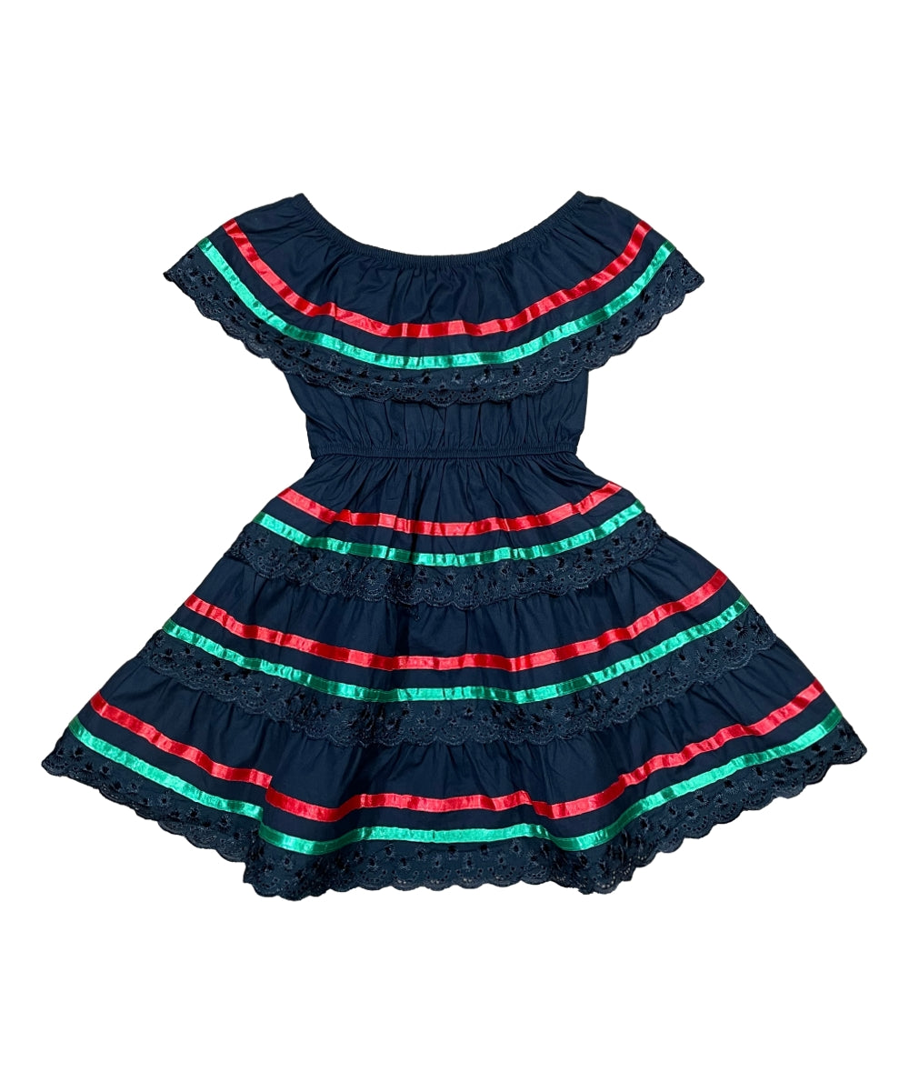Girl's Black Traditional Mexican Dress with Lace Trims (2-4) (5-8) (10-14) $10.00 Per Piece. DR1949