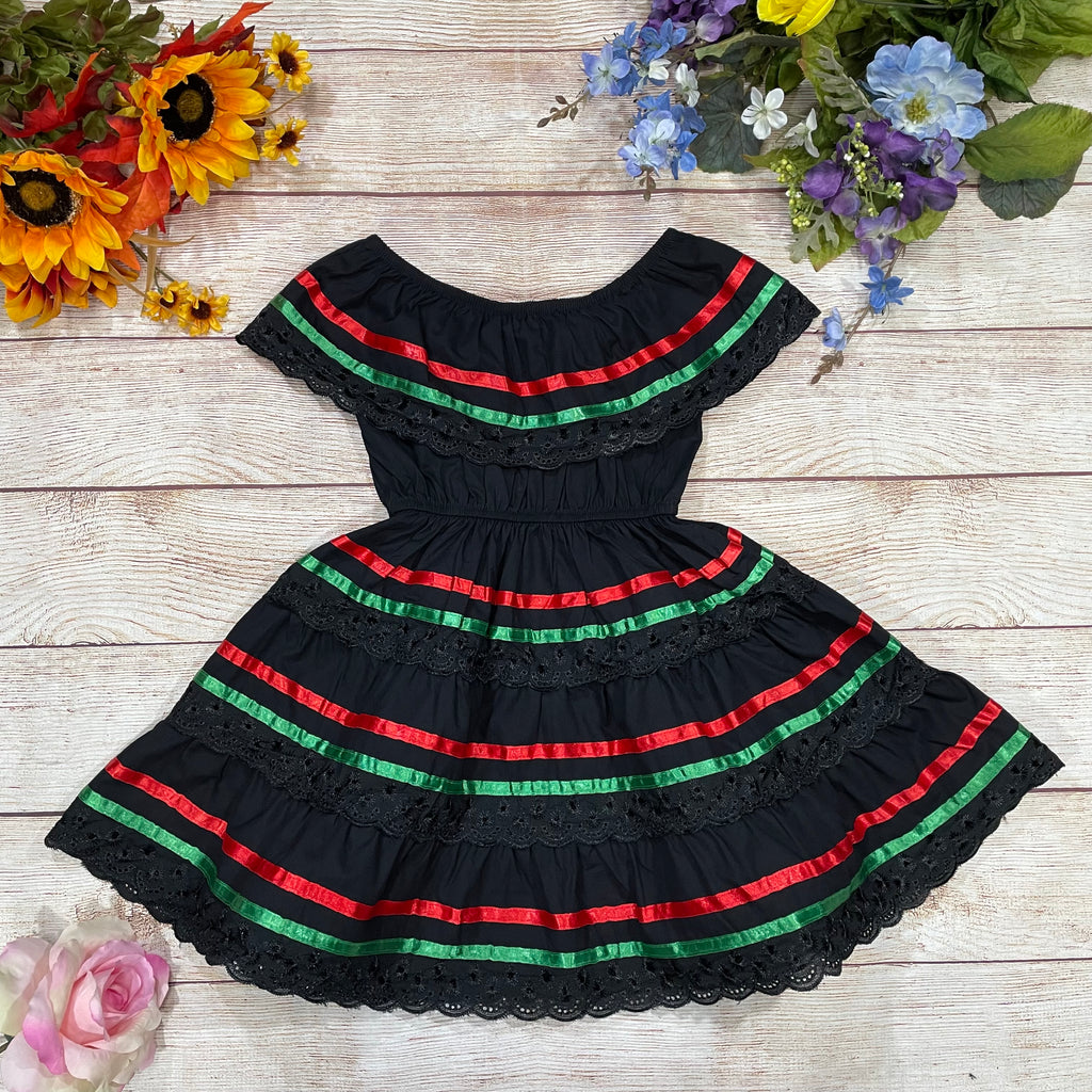 Girl's Black Traditional Mexican Dress with Lace Trims (2-4) (5-8) (10-14) $10.00 Per Piece. DR1949