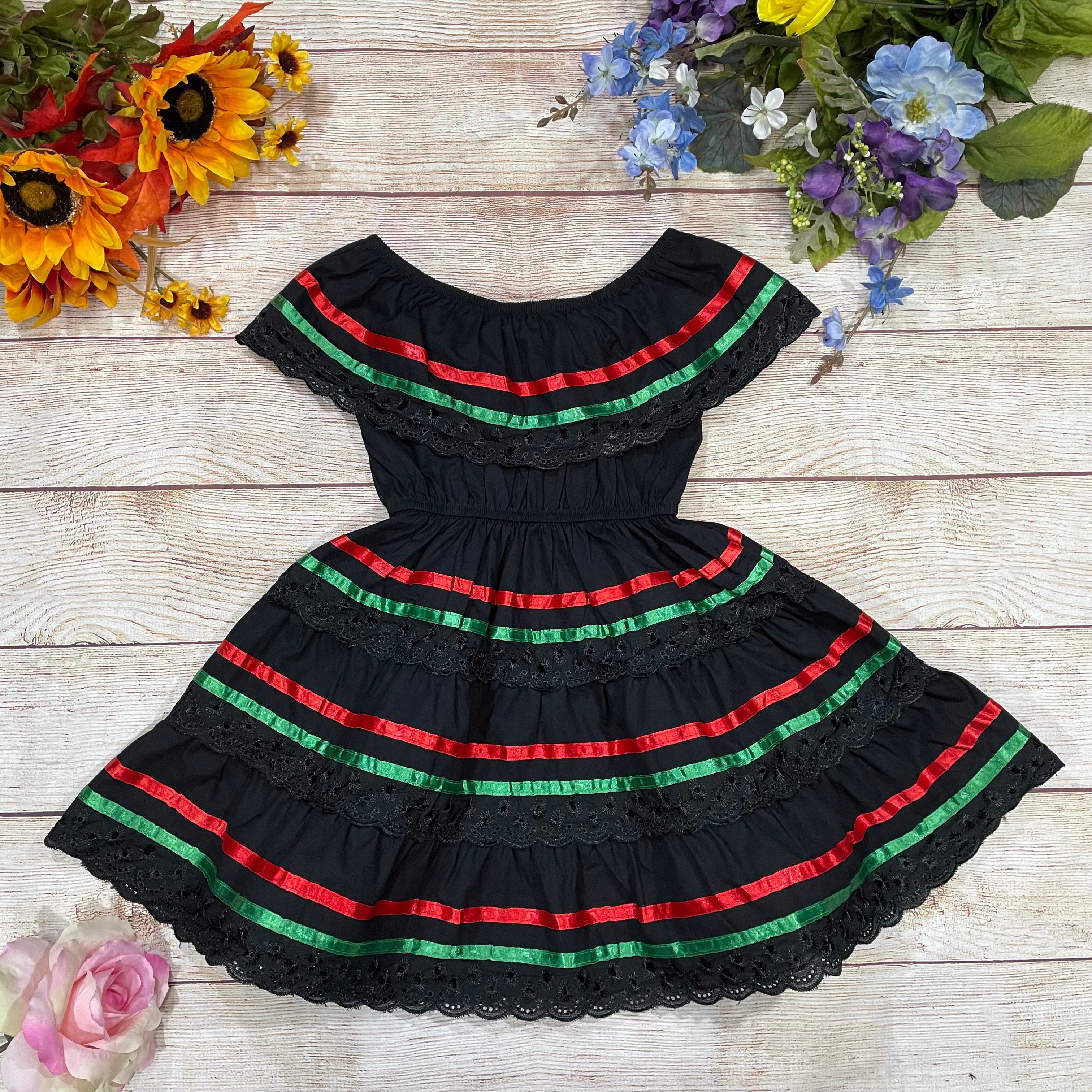 Girl's Black Traditional Mexican Dress with Lace Trims (2-4) (5-8) (10-14) $10.00 Per Piece. DR1949