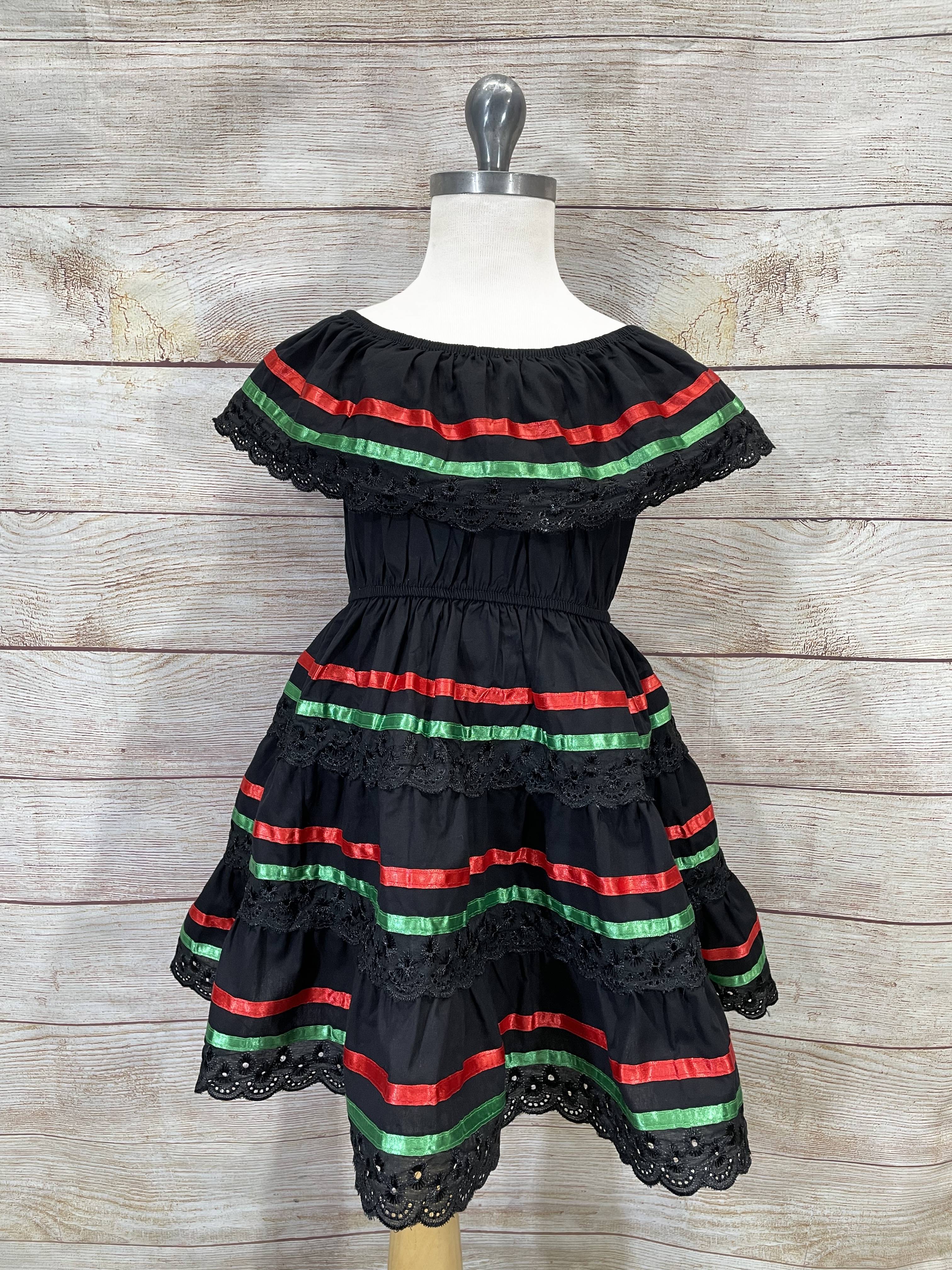 Girl's Black Traditional Mexican Dress with Lace Trims (2-4) (5-8) (10-14) $10.00 Per Piece. DR1949