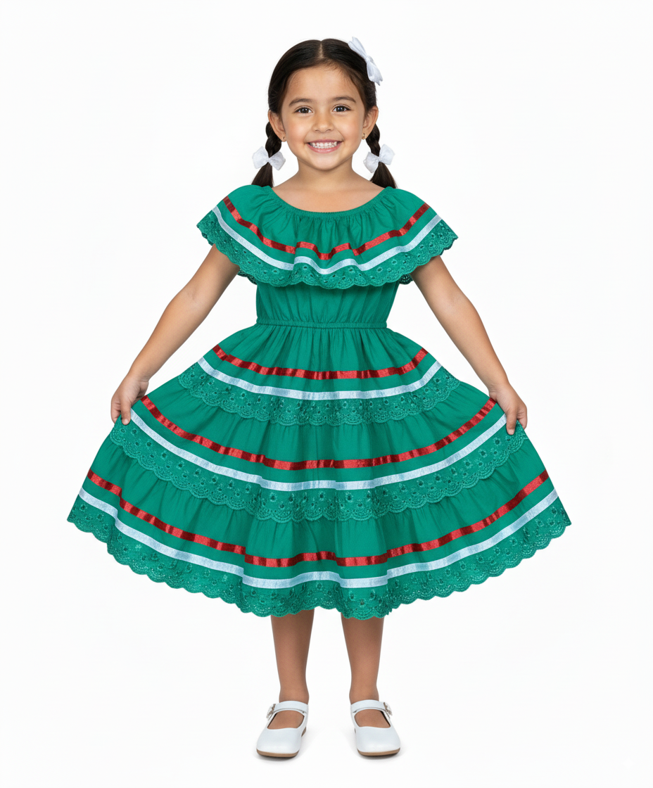Girl's Green Traditional Mexican Dress with Lace Trims (2-4) (5-8) (10-14) $10.00 Per Piece. DR1949
