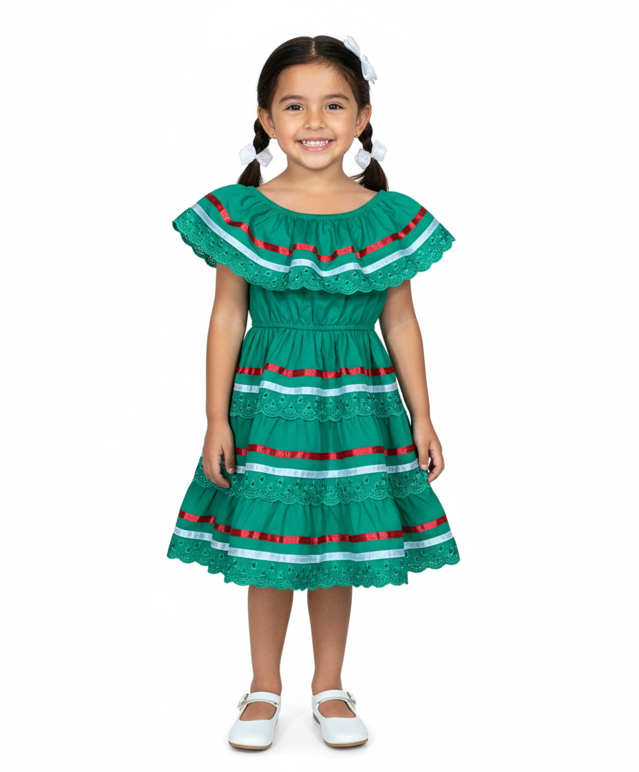 Girl's Green Traditional Mexican Dress with Lace Trims (2-4) (5-8) (10-14) $10.00 Per Piece. DR1949