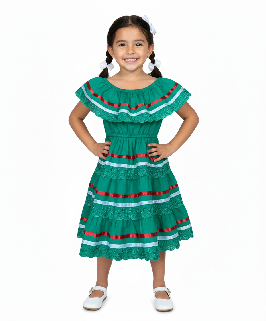 Girl's Green Traditional Mexican Dress with Lace Trims (2-4) (5-8) (10-14) $10.00 Per Piece. DR1949