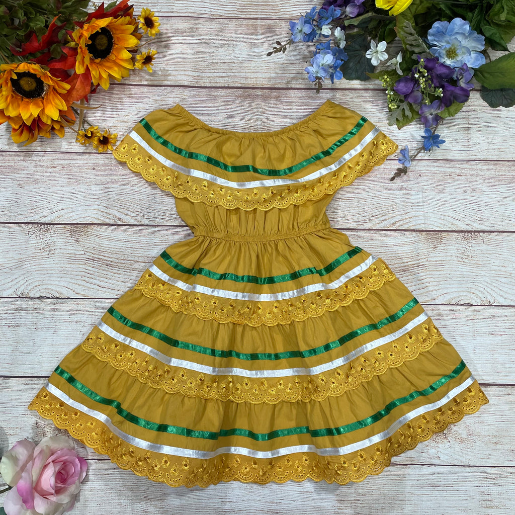 Girl's Honey Traditional Mexican Dress with Lace Trims (2-4) (5-8) (10-14) $10.00 Per Piece. DR1949