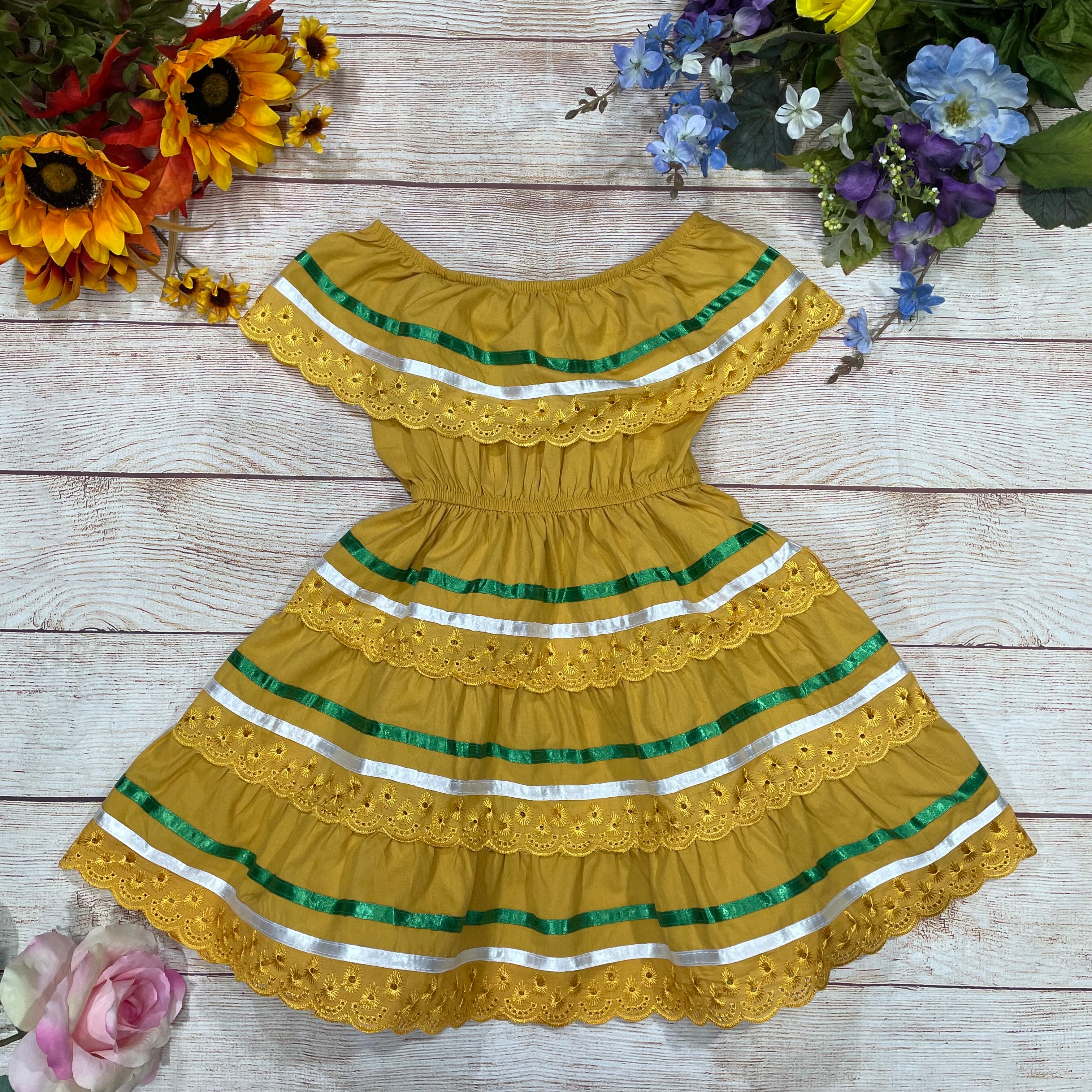 Girl's Honey Traditional Mexican Dress with Lace Trims (2-4) (5-8) (10-14) $10.00 Per Piece. DR1949