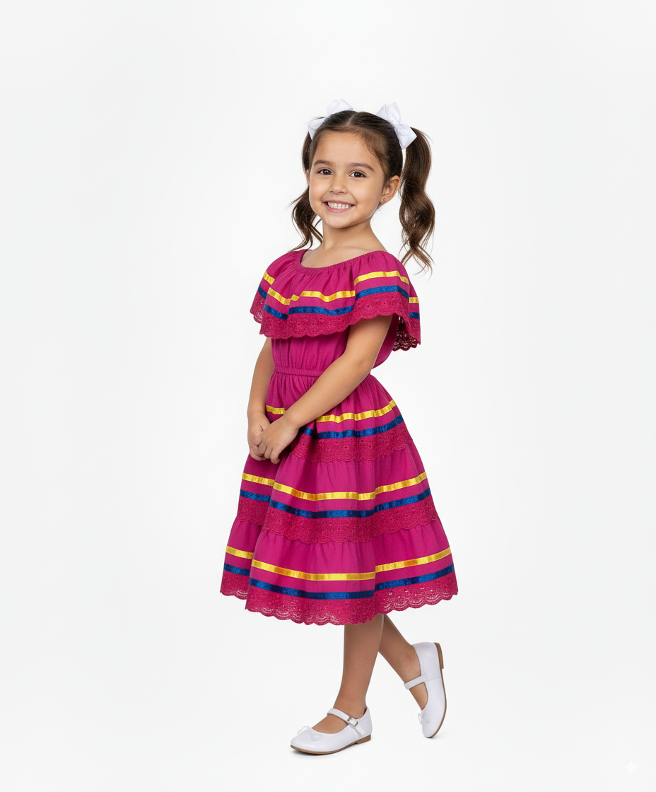 Girl's Pink Traditional Mexican Dress with Lace Trims (2-4) (5-8) (10-14) $10.00 Per Piece
