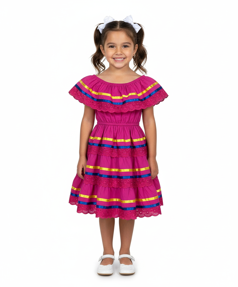 Girl's Pink Traditional Mexican Dress with Lace Trims (2-4) (5-8) (10-14) $10.00 Per Piece