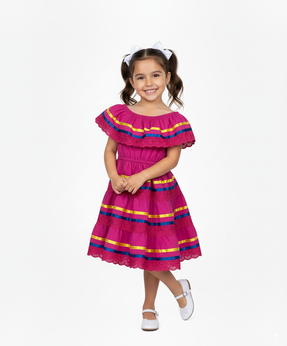 Girl's Pink Traditional Mexican Dress with Lace Trims (2-4) (5-8) (10-14) $10.00 Per Piece