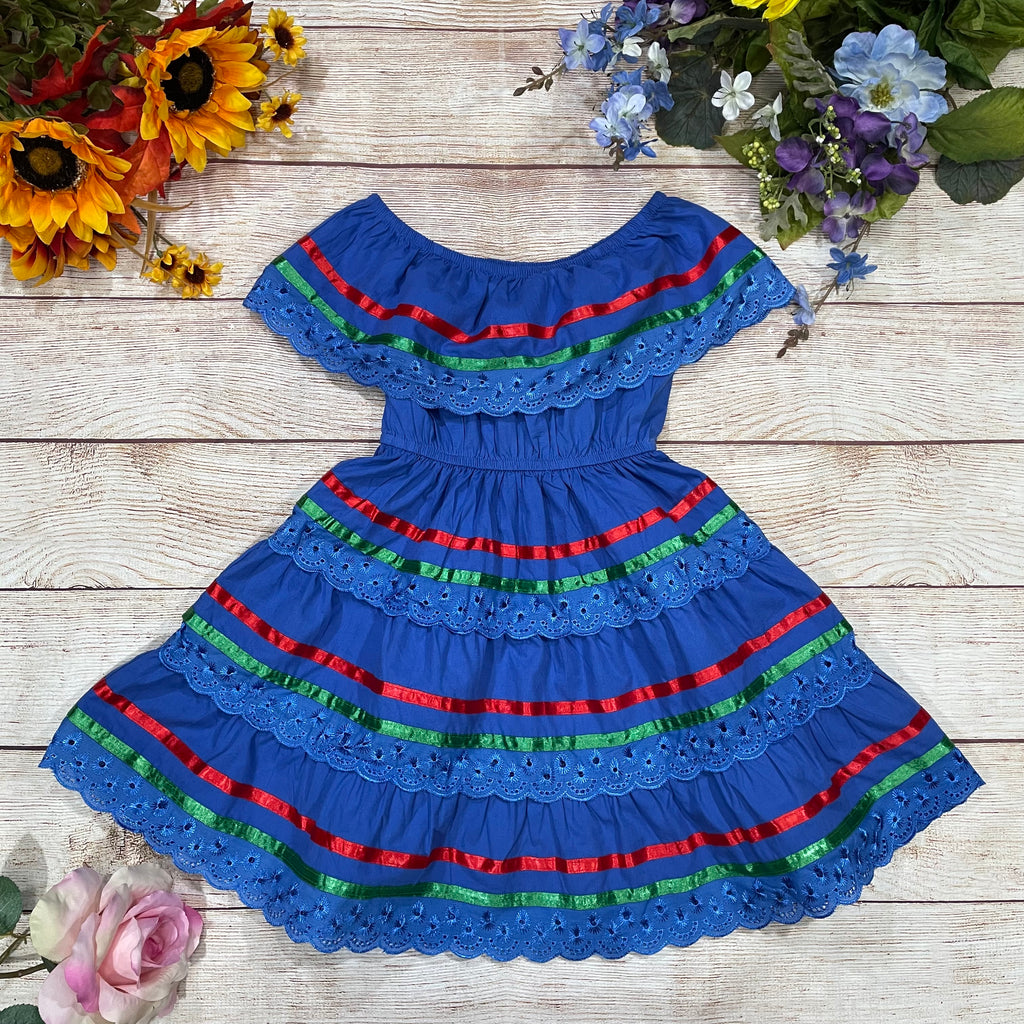 Girl's Royal Blue Traditional Mexican Dress with Lace Trims (2-4) (5-8) (10-14) $10.00 Per Piece. DR1949