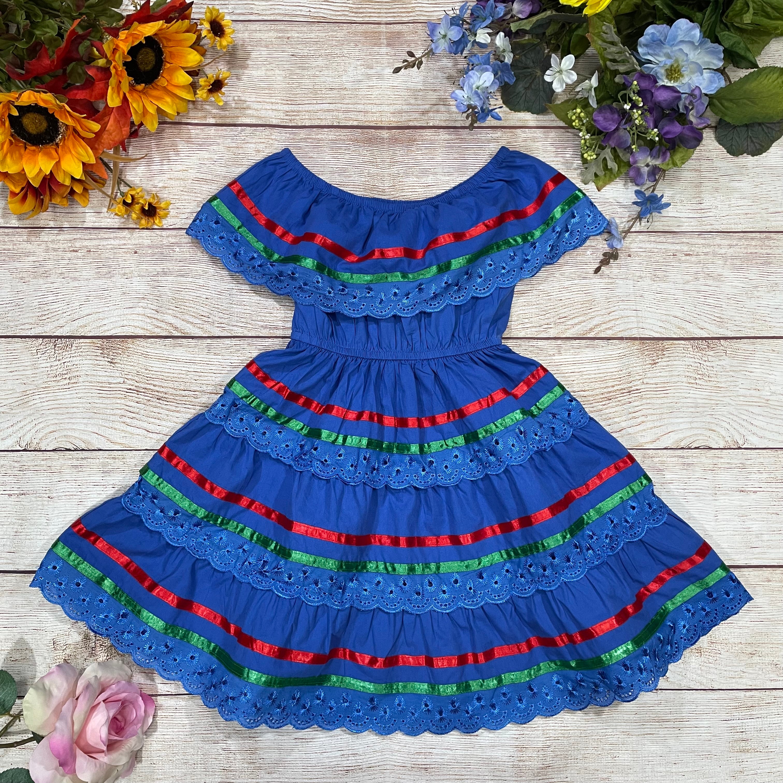 Girl's Royal Blue Traditional Mexican Dress with Lace Trims (2-4) (5-8) (10-14) $10.00 Per Piece. DR1949