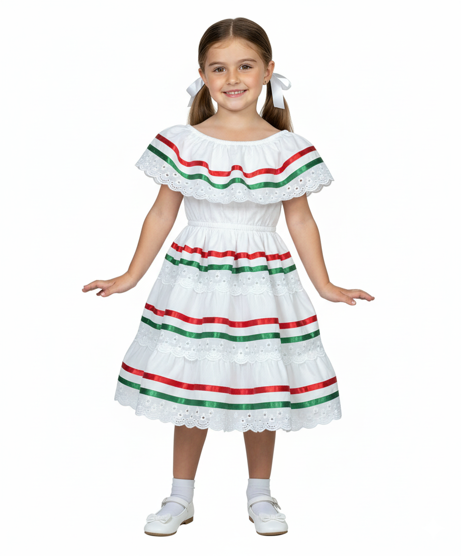 Girl's  White Stripe Traditional Mexican Dress with Lace Trims (2-4) (5-8) (10-14) $10.00 Per Piece. DR1949