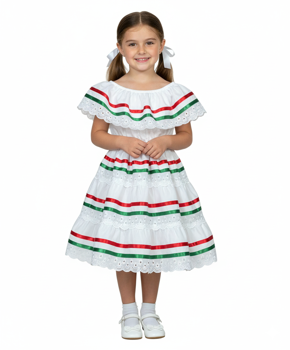 Girl's  White Stripe Traditional Mexican Dress with Lace Trims (2-4) (5-8) (10-14) $10.00 Per Piece. DR1949