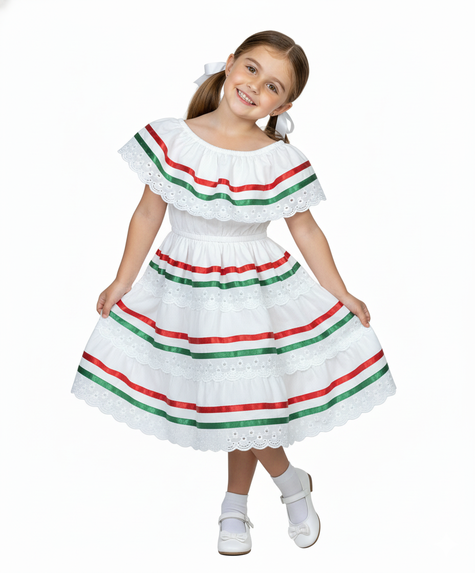 Girl's  White Stripe Traditional Mexican Dress with Lace Trims (2-4) (5-8) (10-14) $10.00 Per Piece. DR1949