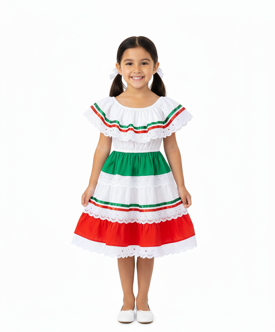 Girl's Red/Green Traditional Mexican Dress (2-4) $10.00 (5-8) $11.00 and (10-14) $11.00 Per Piece