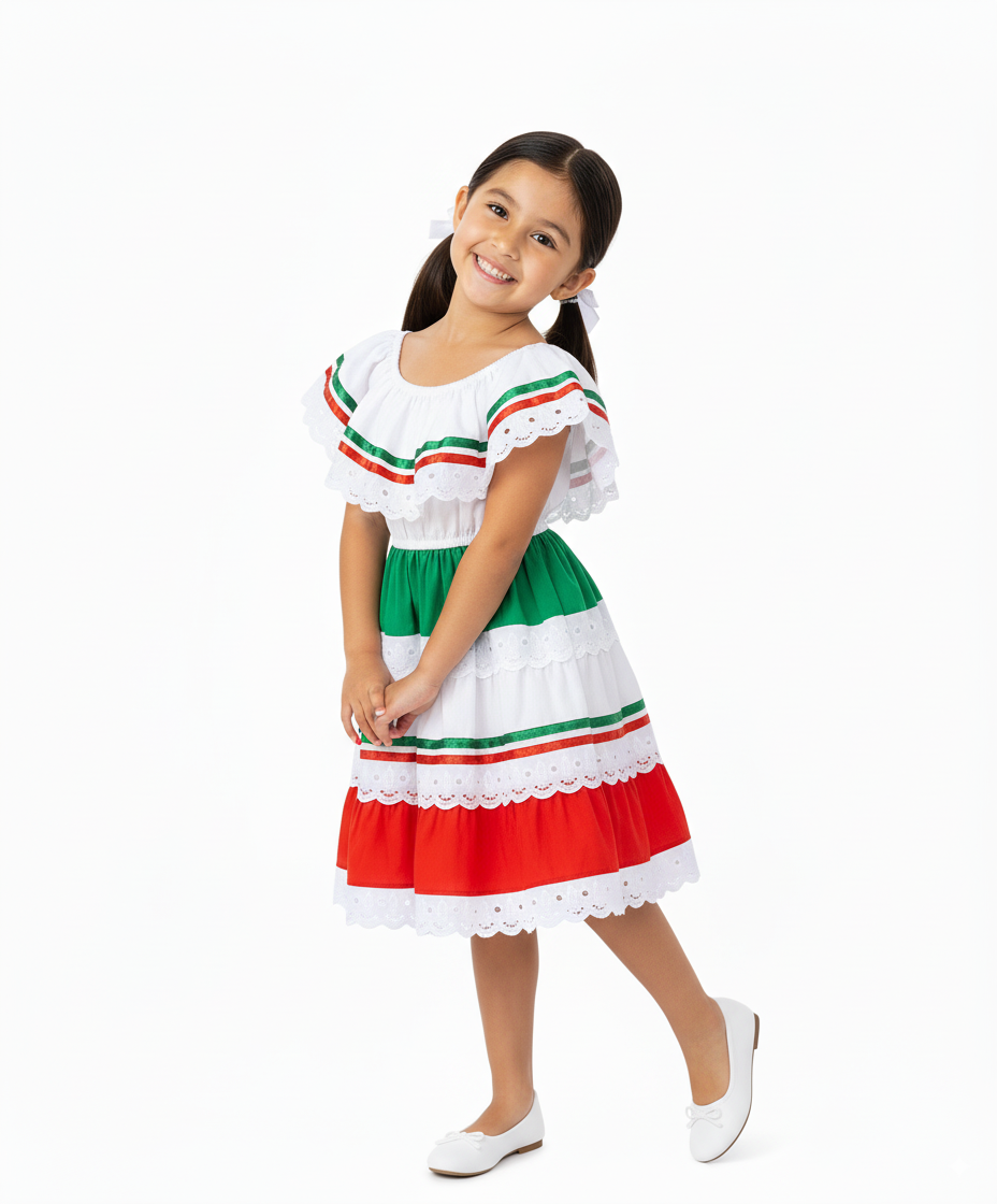 Girl's Red/Green Traditional Mexican Dress (2-4) $10.00 (5-8) $11.00 and (10-14) $11.00 Per Piece