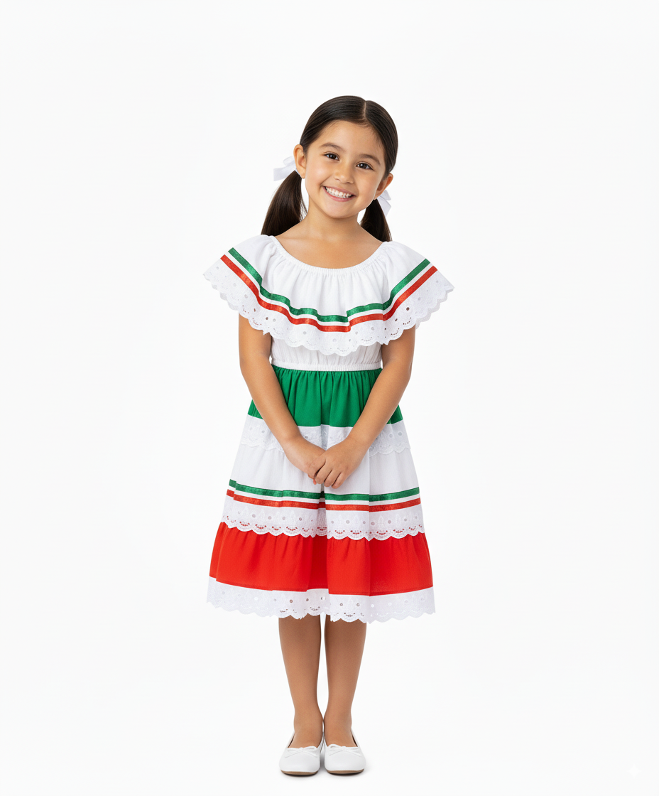 Girl's Red/Green Traditional Mexican Dress (2-4) $10.00 (5-8) $11.00 and (10-14) $11.00 Per Piece
