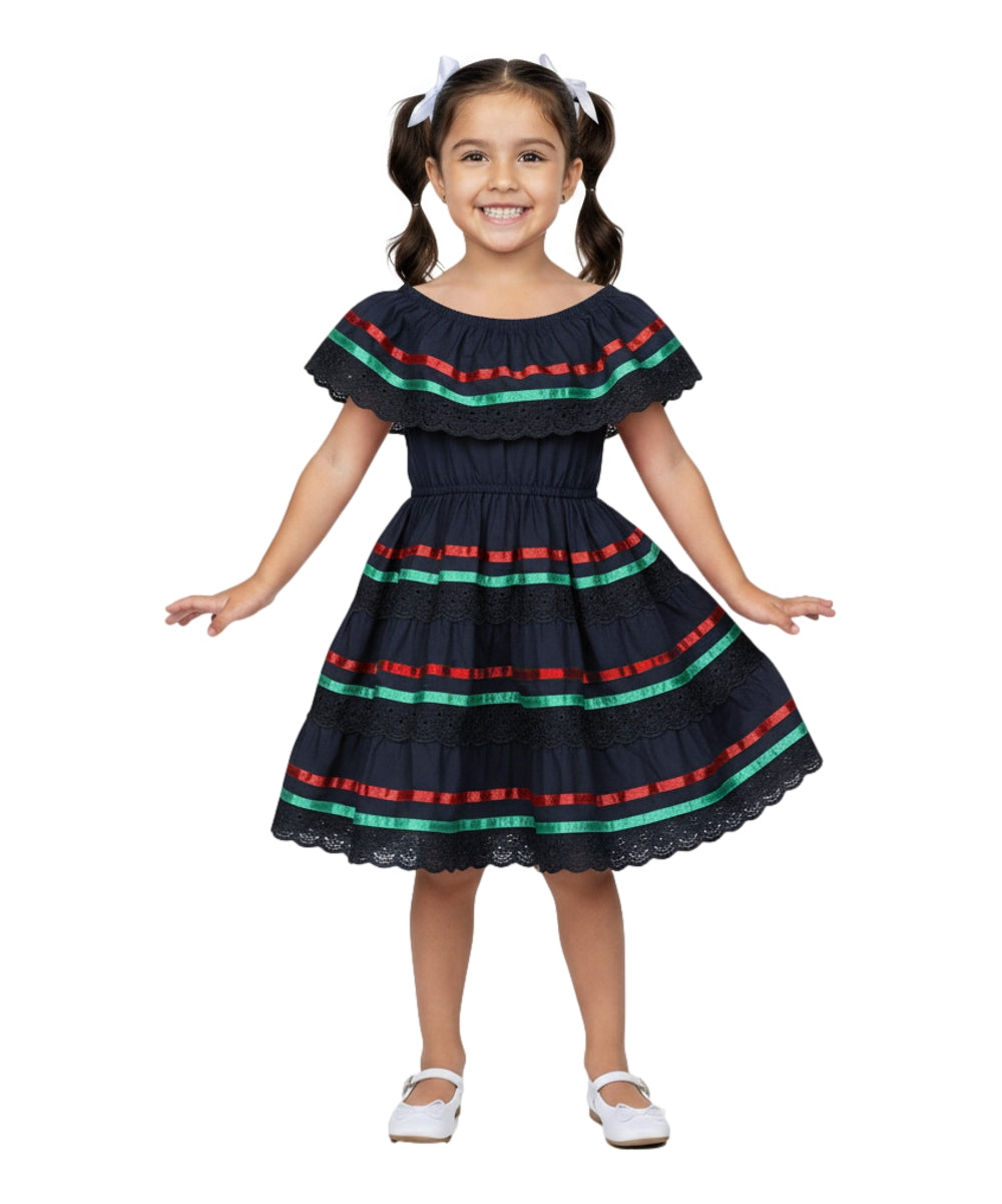 Girl's Black Traditional Mexican Dress with Lace Trims (2-4) (5-8) (10-14) $10.00 Per Piece. DR1949