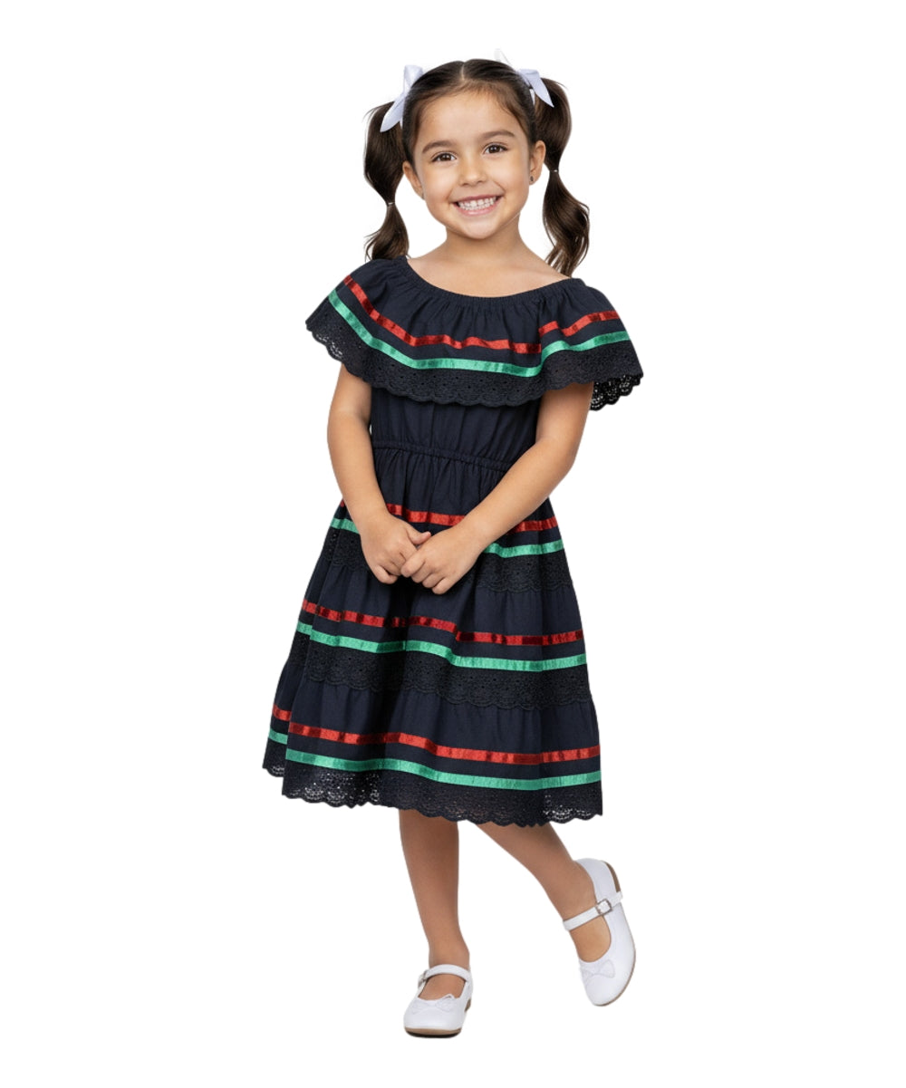 Girl's Black Traditional Mexican Dress with Lace Trims (2-4) (5-8) (10-14) $10.00 Per Piece. DR1949