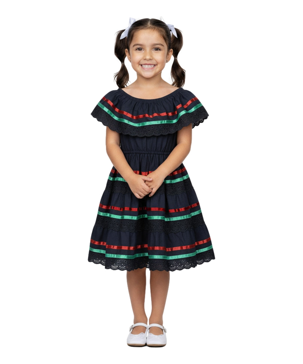 Girl's Black Traditional Mexican Dress with Lace Trims (2-4) (5-8) (10-14) $10.00 Per Piece. DR1949