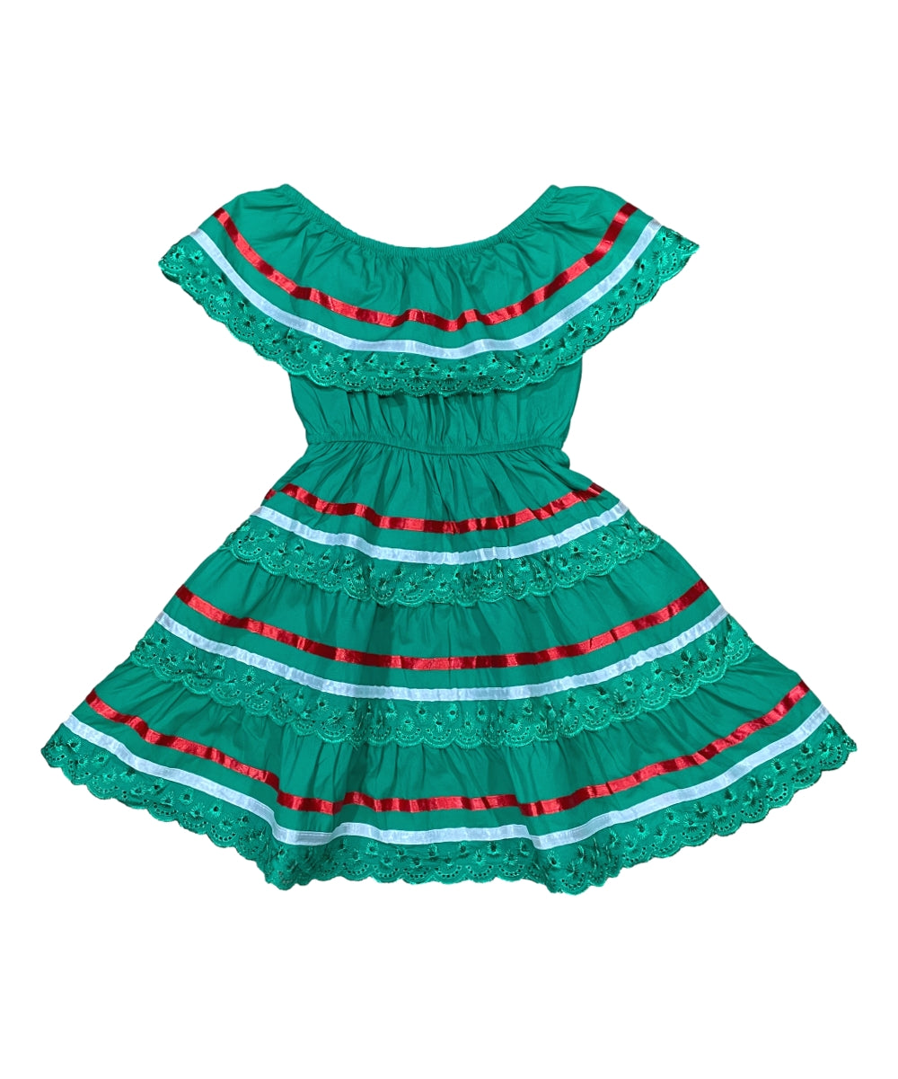 Girl's Green Traditional Mexican Dress with Lace Trims (2-4) (5-8) (10-14) $10.00 Per Piece. DR1949