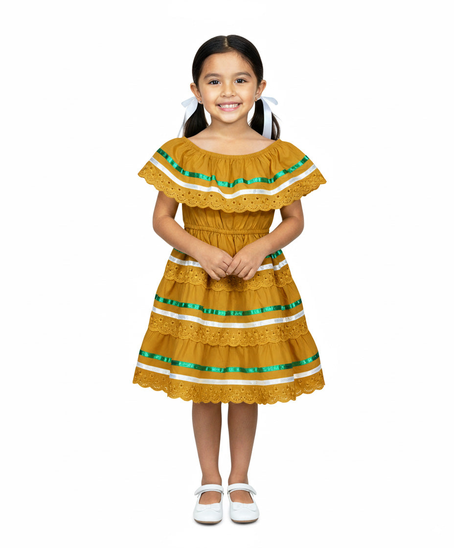 Girl's Honey Traditional Mexican Dress with Lace Trims (2-4) (5-8) (10-14) $10.00 Per Piece. DR1949