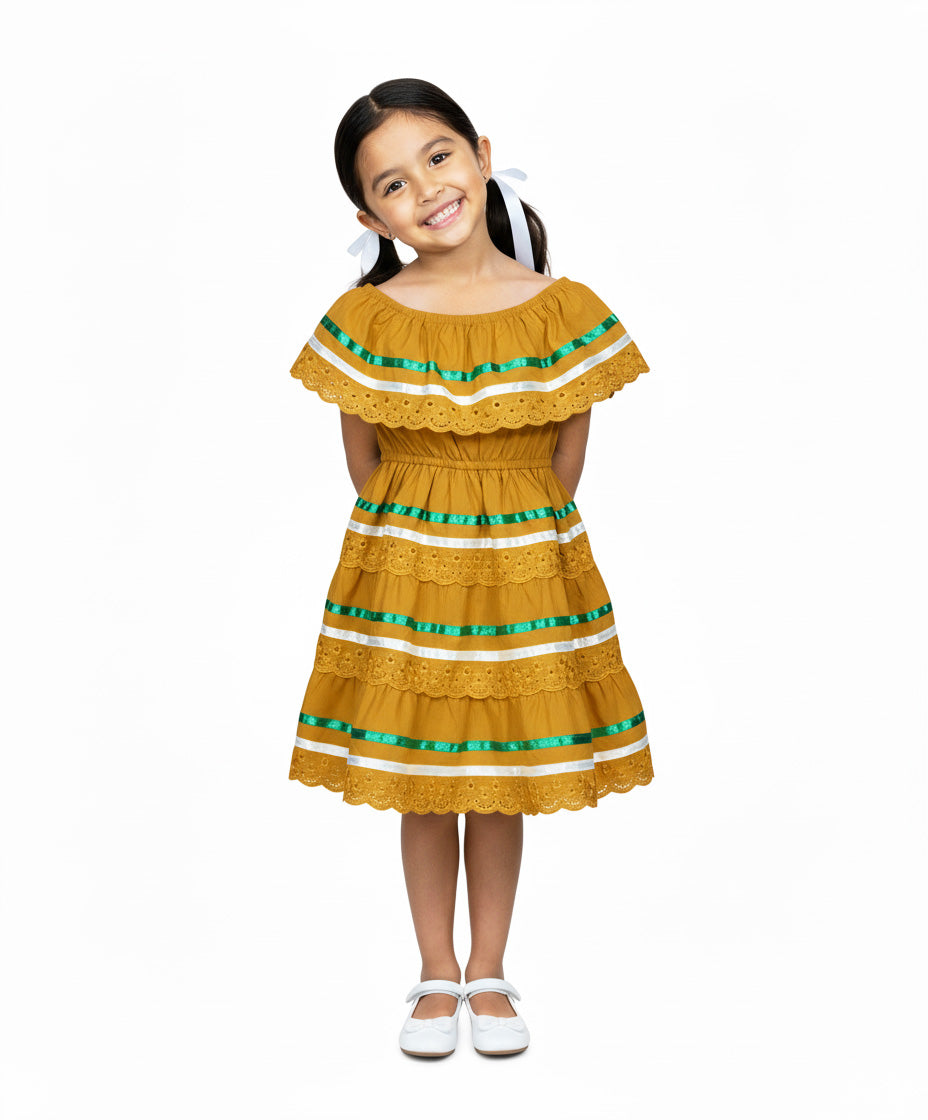 Girl's Honey Traditional Mexican Dress with Lace Trims (2-4) (5-8) (10-14) $10.00 Per Piece. DR1949