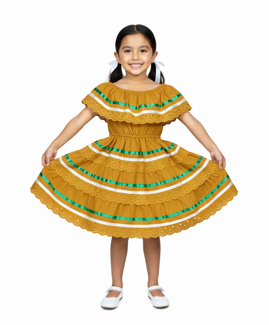 Girl's Honey Traditional Mexican Dress with Lace Trims (2-4) (5-8) (10-14) $10.00 Per Piece. DR1949