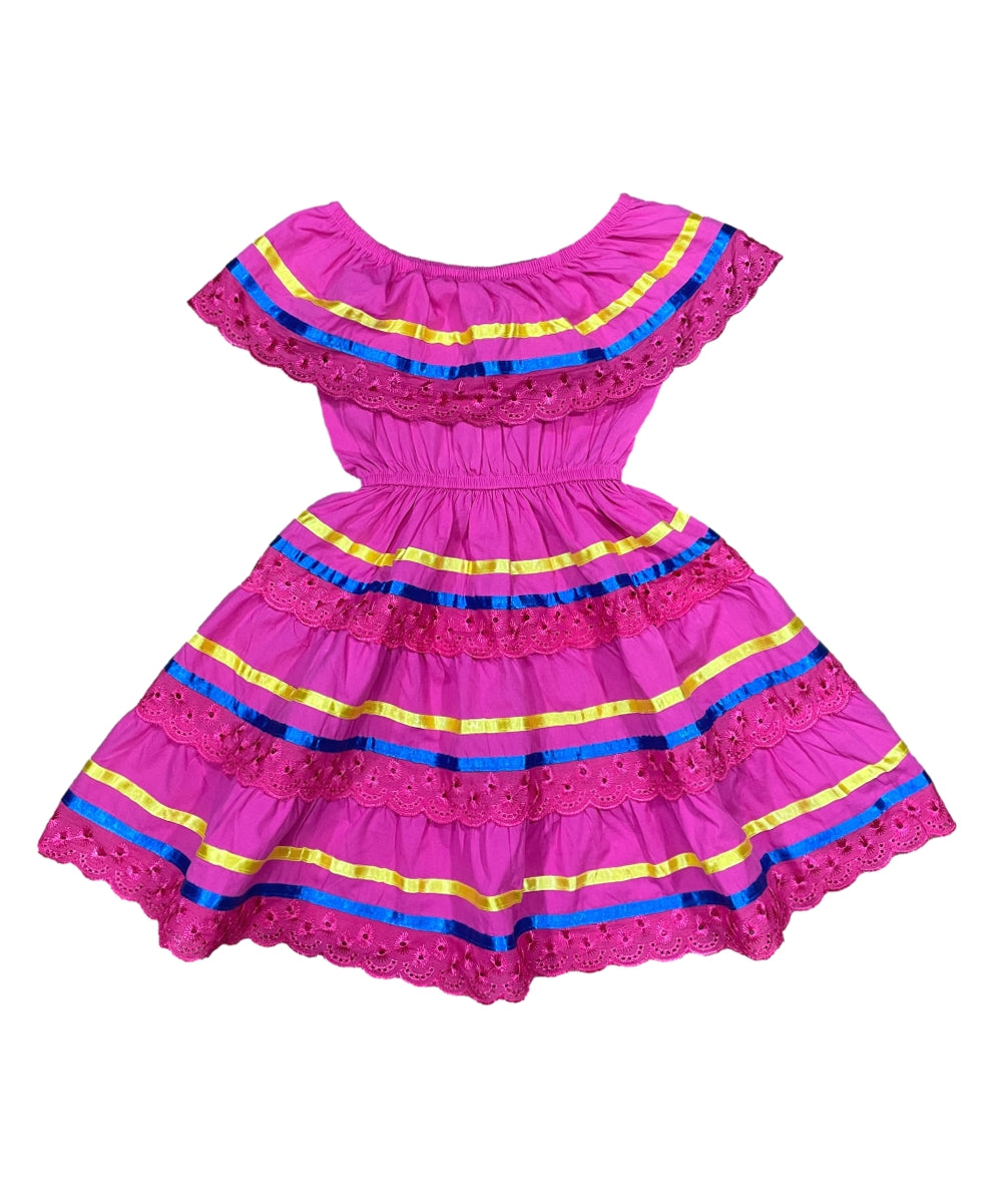 Girl's Pink Traditional Mexican Dress with Lace Trims (2-4) (5-8) (10-14) $10.00 Per Piece