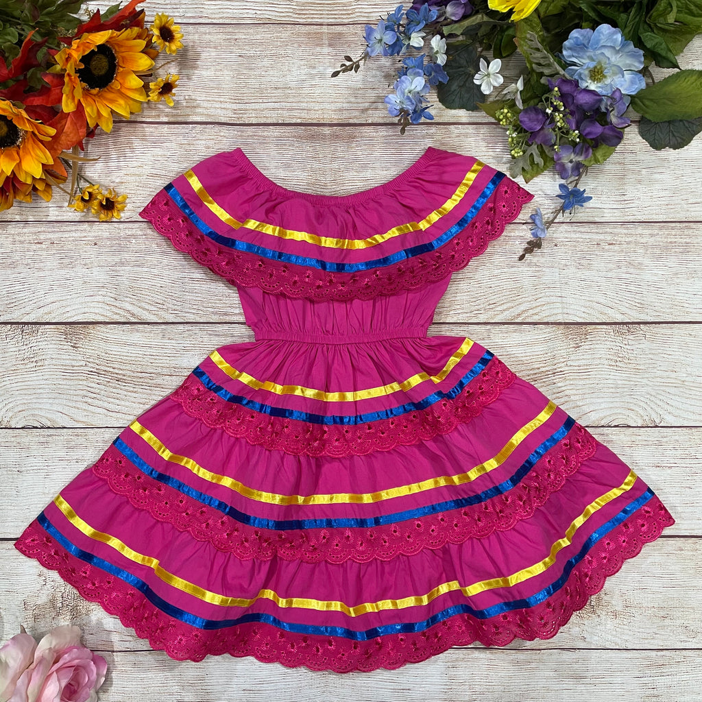 Girl's Pink Traditional Mexican Dress with Lace Trims (2-4) (5-8) (10-14) $10.00 Per Piece