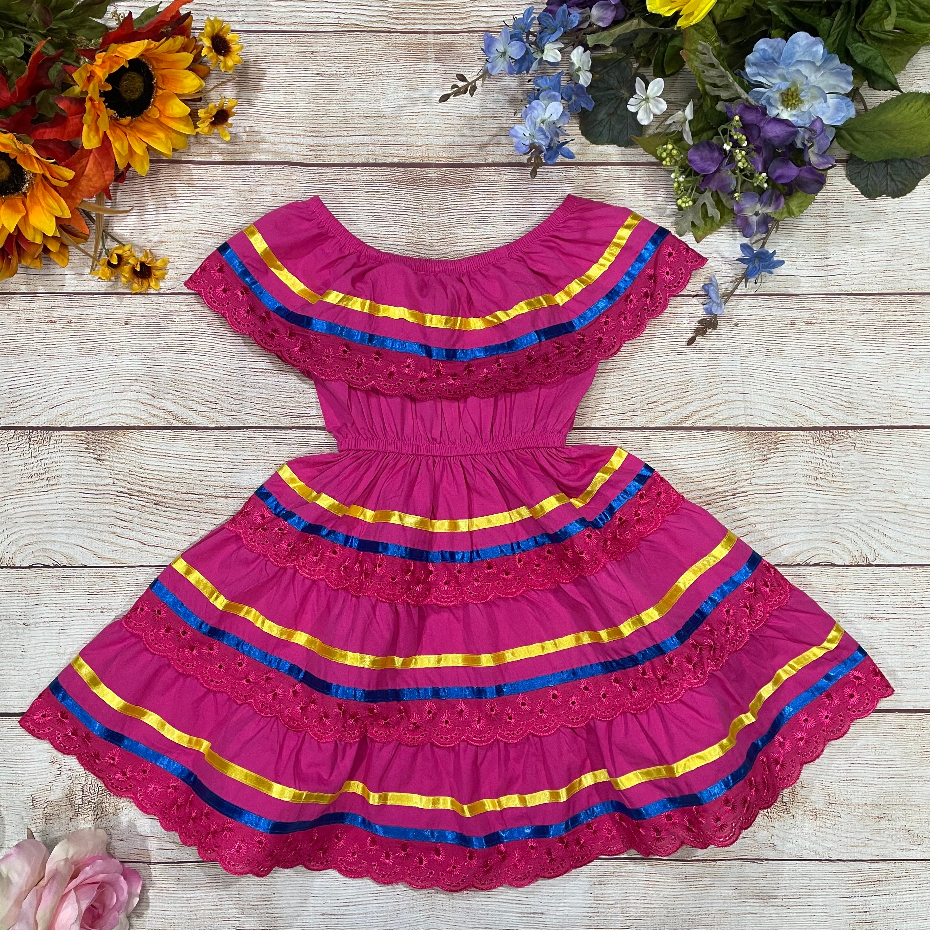 Girl's Pink Traditional Mexican Dress with Lace Trims (2-4) (5-8) (10-14) $10.00 Per Piece