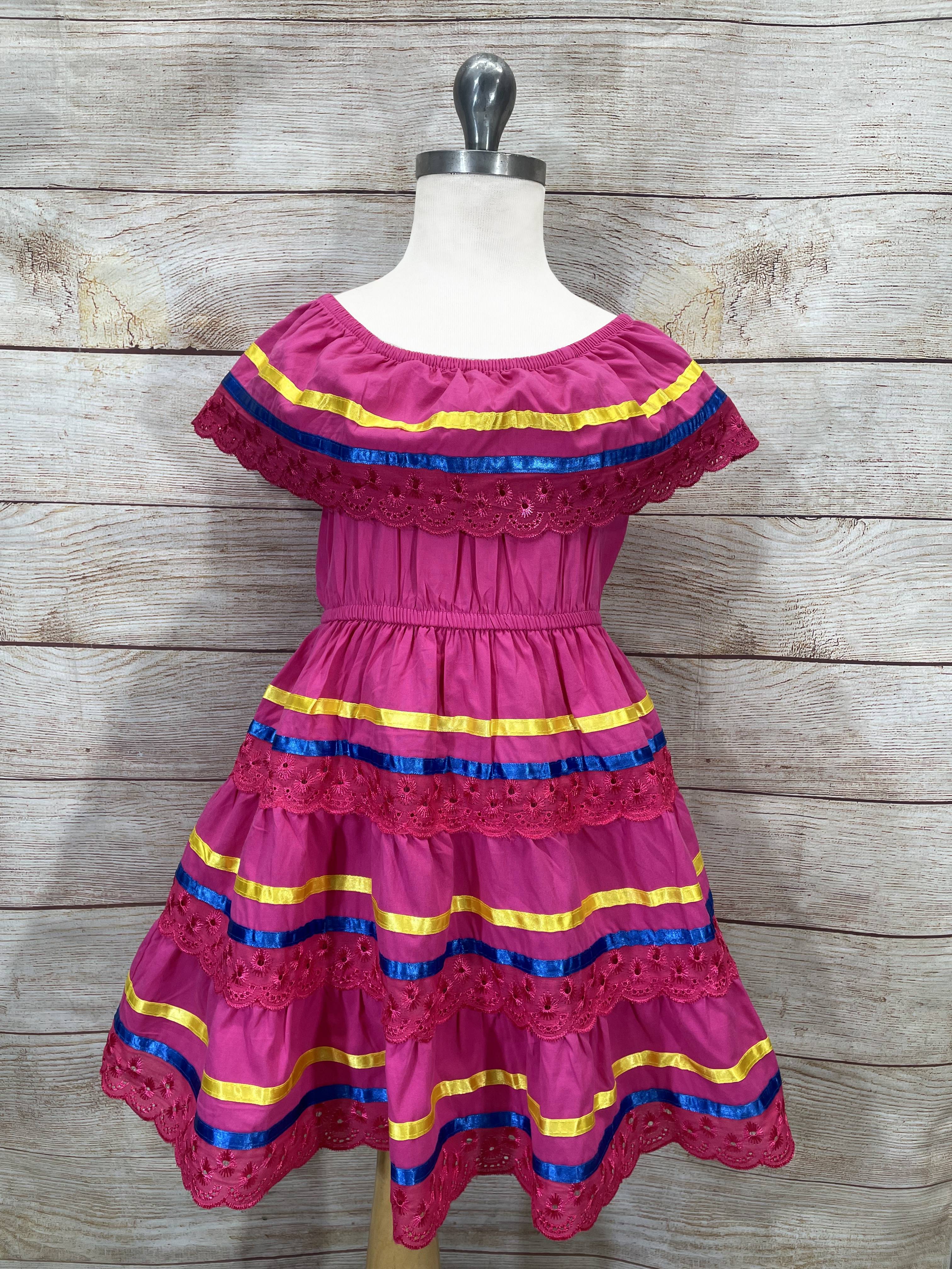 Girl's Pink Traditional Mexican Dress with Lace Trims (2-4) (5-8) (10-14) $10.00 Per Piece
